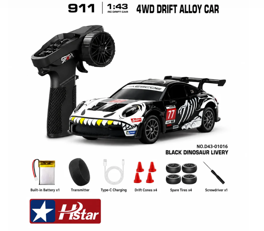 D43-01Q16 Porsche 911 Black Dinosaur Edition 1:43 4WD RC Drift Car with Gyro & LED Lights